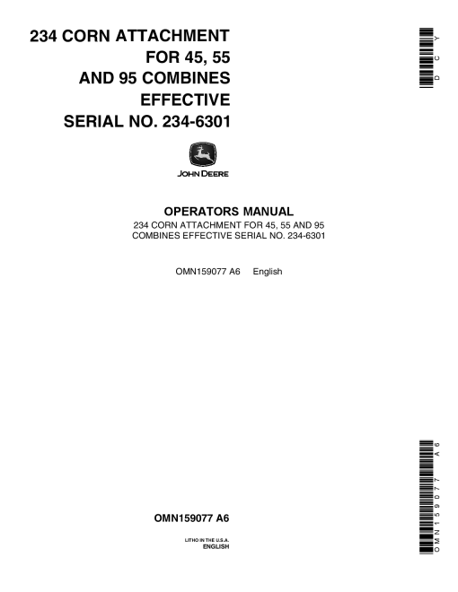 John Deere 234 Corn Attachment Combines OMN159077 Operation and Maintenance manual PDF Download