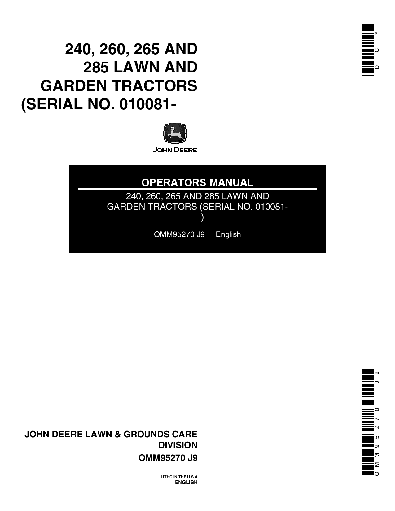 John Deere 240 260 265 285 Lawn Garden Tractors OMM95270 Operation and Maintenance manual PDF Download