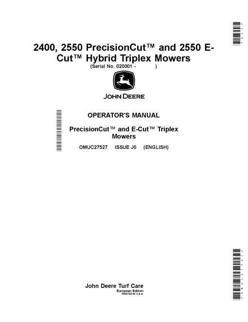 John Deere 2400 2550 PrecisionCut and 2550 E Cut Hybrid Triplex Mowers 020001 OMUC27527 Operation and Maintenance manual PDF Download