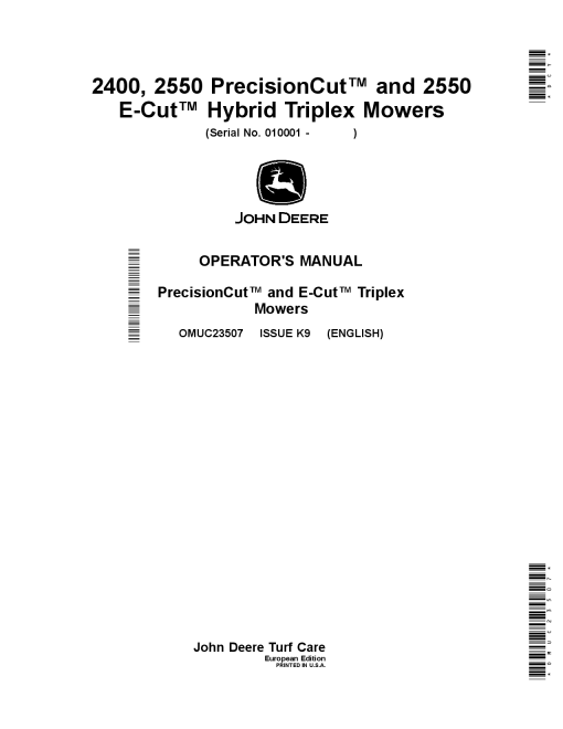 John Deere 2400 2550 PrecisionCut and 2550 E Cut Hybrid Triplex Mowers OMUC23507 Operation and Maintenance manual PDF Download