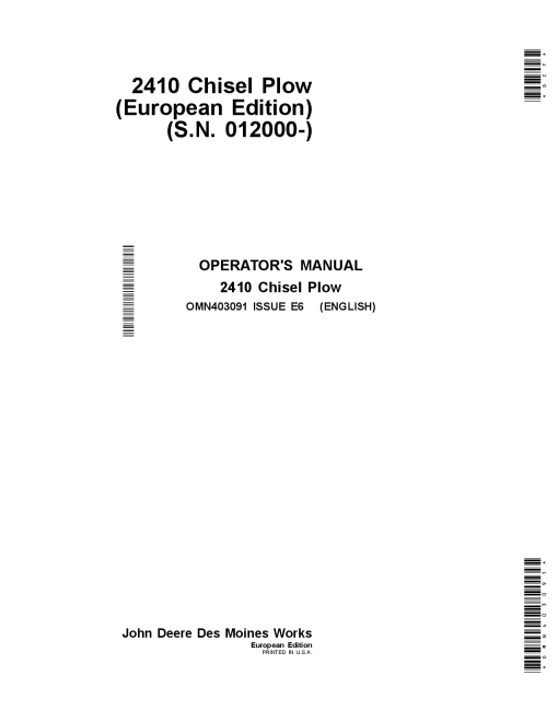 John Deere 2410 Chisel Plow European Edition OMN403091 Operation and Maintenance manual PDF Download