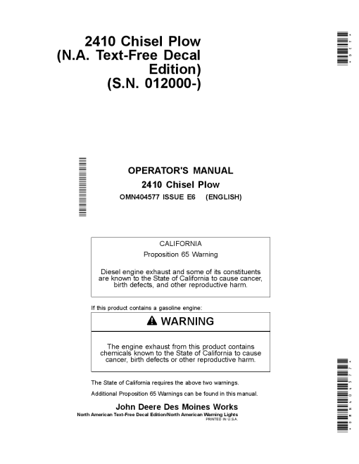 John Deere 2410 Chisel Plows Text Free Decals North American Warning Lights North American Edition OMN404577 Operation and Maintenance manual PDF Download