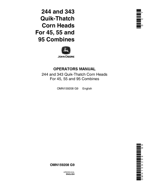 John Deere 244 343 Quik tatch Corn Heads For 45 55 And 95 Combines OMN159208 Operation and Maintenance manual PDF Download