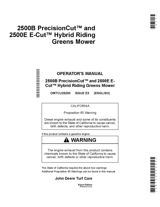 John Deere 2500B 2500E Hybrid Riding Greens Mower Export Edition 040001 080000 OMTCU29200 Operation and Maintenance manual PDF Download