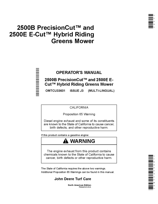 John Deere 2500B 2500E Hybrid Riding Greens Mower North American Edition 080001 090000 Order manual OMTCU33601 Operation and Maintenance manual PDF Download