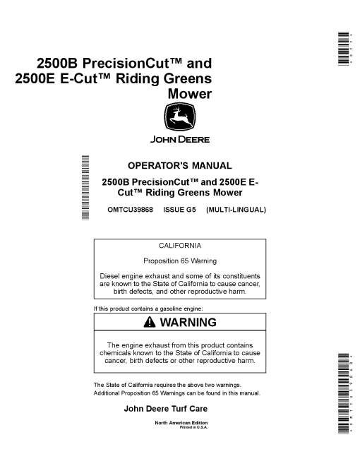 John Deere 2500B 2500E Hybrid Riding Greens MowerNorth American Edition 095001 Order manual as OMTCU39868 Operation and Maintenance manual PDF Download