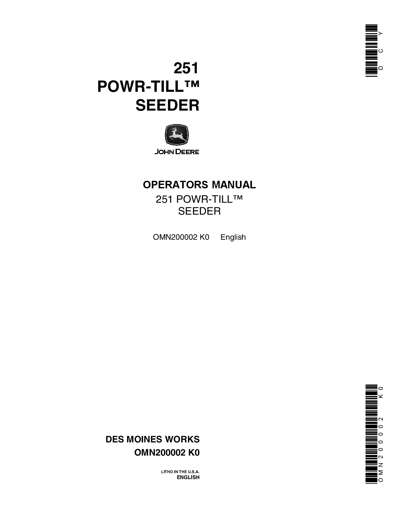 John Deere 251 Power Till Seeder OMN200002 Operation and Maintenance manual PDF Download