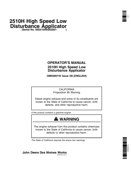 John Deere 2510H High Speed Applicators Low Disturbance North American Edition 002001 004000 OMN300745 Operation and Maintenance manual PDF Download