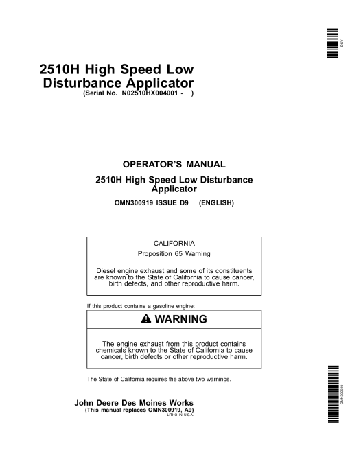 John Deere 2510H High Speed Applicators Low Disturbance North American Edition 004001 740100 OMN300919 Operation and Maintenance manual PDF Download