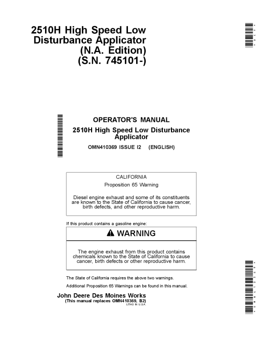 John Deere 2510H High Speed Applicators Low Disturbance North American Edition 745101 760100 OMN410369 Operation and Maintenance manual PDF Download