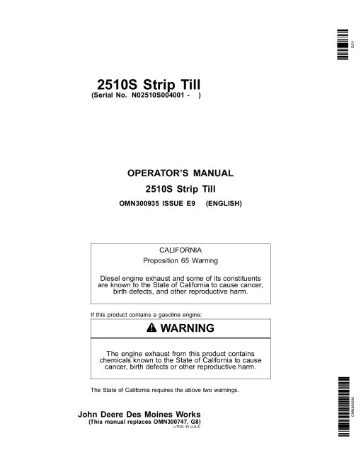 John Deere 2510S Strip Till Applicator OMN300935 Operation and Maintenance manual PDF Download