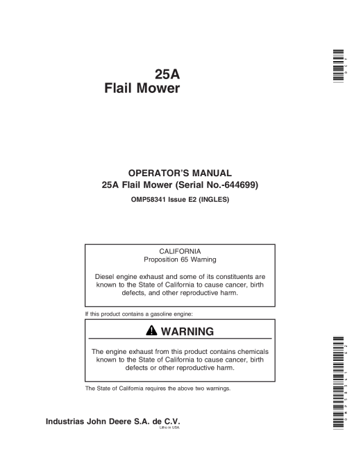 John Deere 25A Flail Mower 644699 OMP58341 Operation and Maintenance manual PDF Download