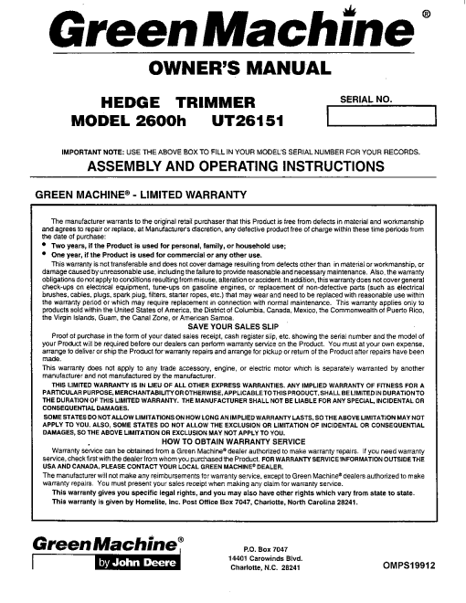 John Deere 2600h Hedge Trimmer OMPS19912 Operation and Maintenance manual PDF Download