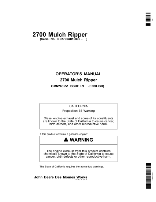 John Deere 2700 Mulch Ripper 010000 OMN263551 Operation and Maintenance manual PDF Download