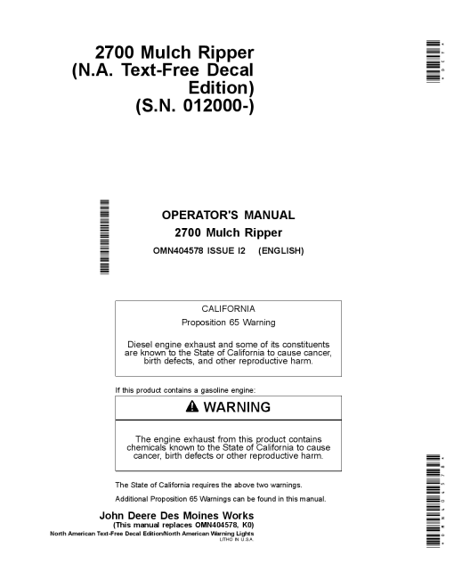 John Deere 2700 Mulch Ripper Text Free Decals OMN404578 Operation and Maintenance manual PDF Download