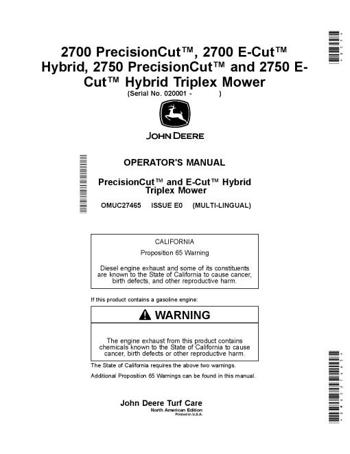 John Deere 2700 PrecisionCut 2700 E Cut Hybrid 2750 PrecisionCut and 2750 E Cut Hybrid Triplex Mower OMUC27465 Operation and Maintenance manual PDF Download