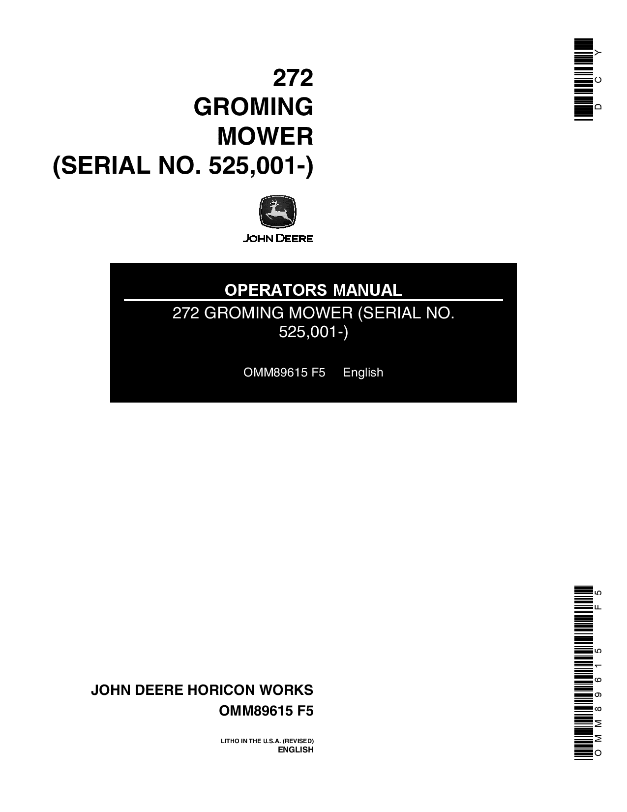 John Deere 272 Grooming Rotary Mower 525001 OMM89615 Operation and Maintenance manual PDF Download