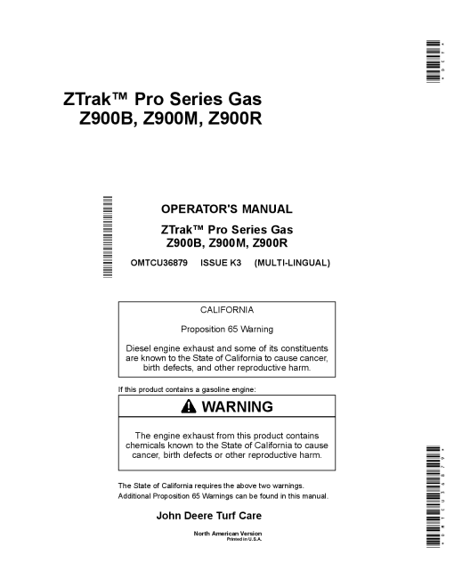 John Deere 2900B Z900M Z900R Series ZTrak Pro Series Zero Turn Mowers Americas Edition 020001 030000 Order manual as OMTCU36879 Operation and Maintenance manual PDF Download