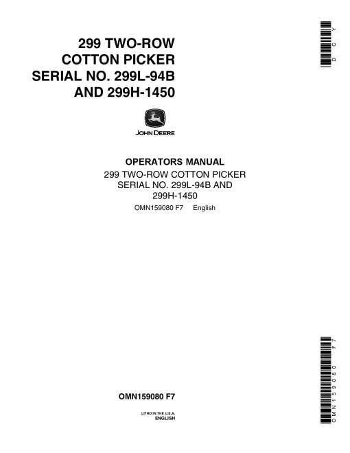 John Deere 299 Two Row Cotton Picker OMN159080 Operation and Maintenance manual PDF Download
