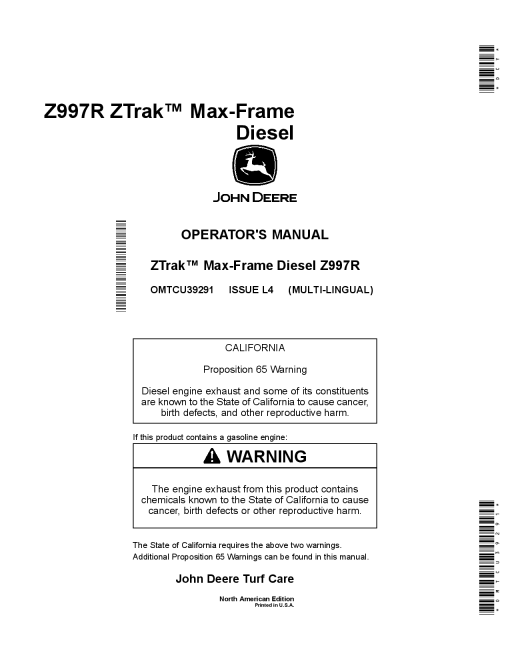 John Deere 2997R Diesel Max Frame ZTrak North American Edition 010001 020000 OMTCU39291 Operation and Maintenance manual PDF Download