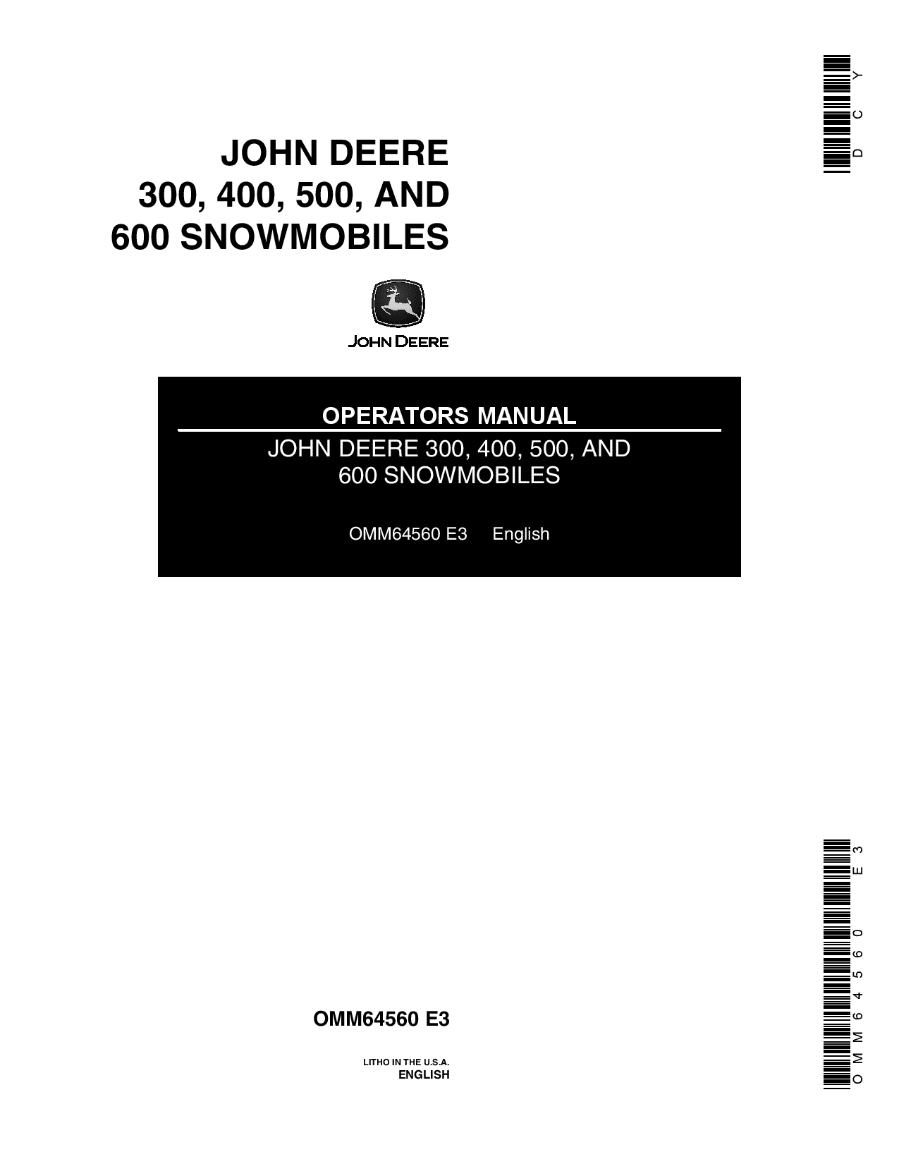 John Deere 300 400 500 600 Snowmobiles 020001 030000 OMM64560 Operation and Maintenance manual PDF Download