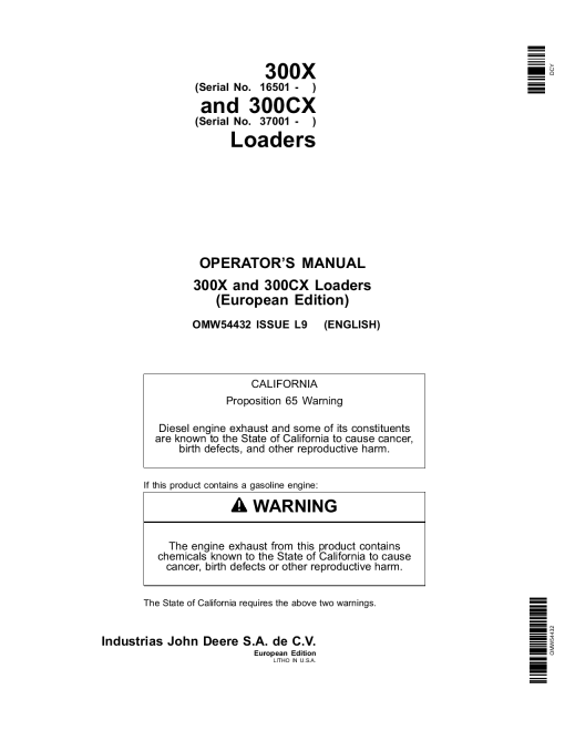John Deere 300X 300CX Loaders OMW54432 Operation and Maintenance manual PDF Download