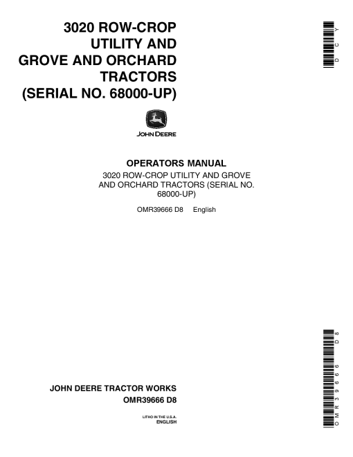 John Deere 3020 Tractors 068000 Row Crop Utility Grove Orchard OMR39666 Operation and Maintenance manual PDF Download