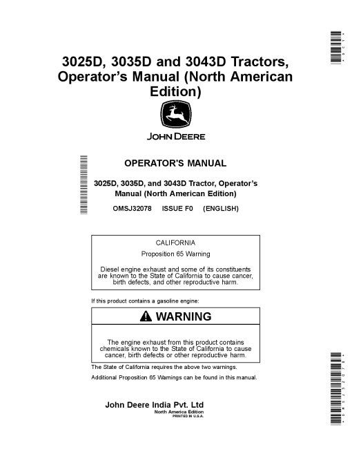 John Deere 3025D 3035D and 3043D Tractors OMSJ32078 Operation and Maintenance manual PDF Download