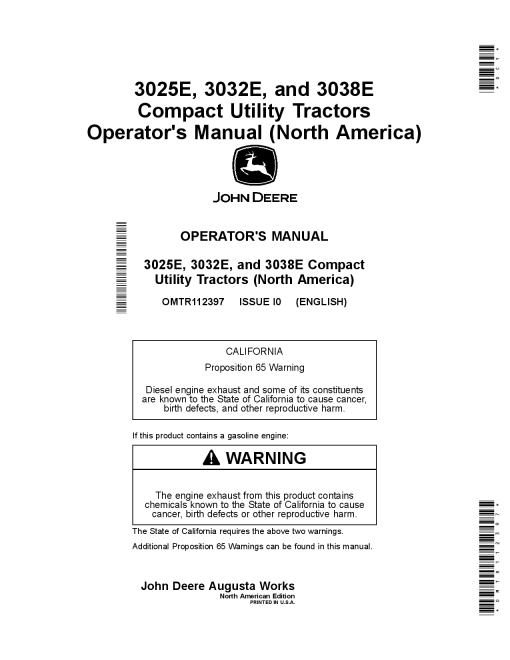 John Deere 3025E 3032E and 3038E Compact Utility Tractors OMTR112397 Operation and Maintenance manual PDF Download