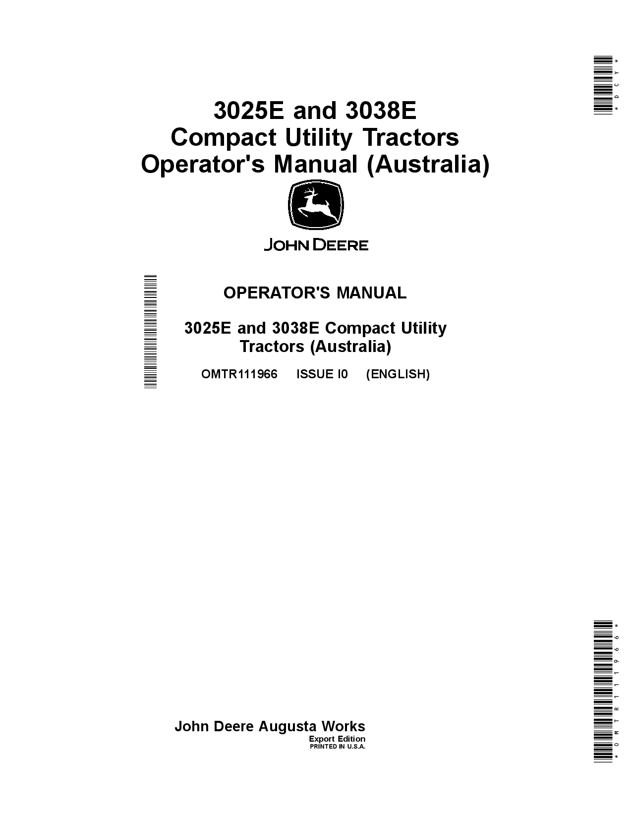 John Deere 3025E and 3038E Compact Utility Tractors Australia OMTR111966 Operation and Maintenance manual PDF Download