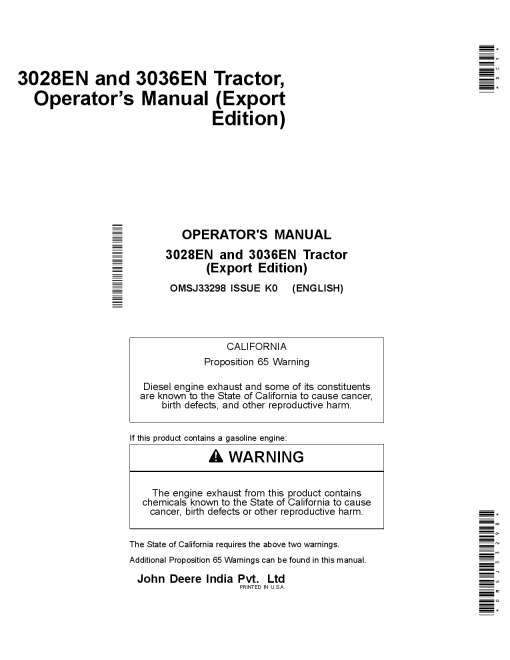 John Deere 3028EN and 3036EN Tractor OMSJ33298 Operation and Maintenance manual PDF Download