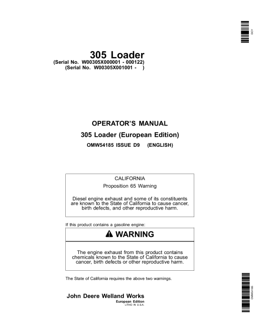 John Deere 305 Loader 000001 Europe OMW54185 Operation and Maintenance manual PDF Download