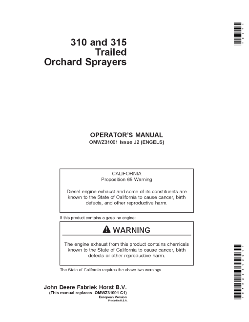 John Deere 310 315 Trailed Orchard Sprayers OMWZ31001 Operation and Maintenance manual PDF Download
