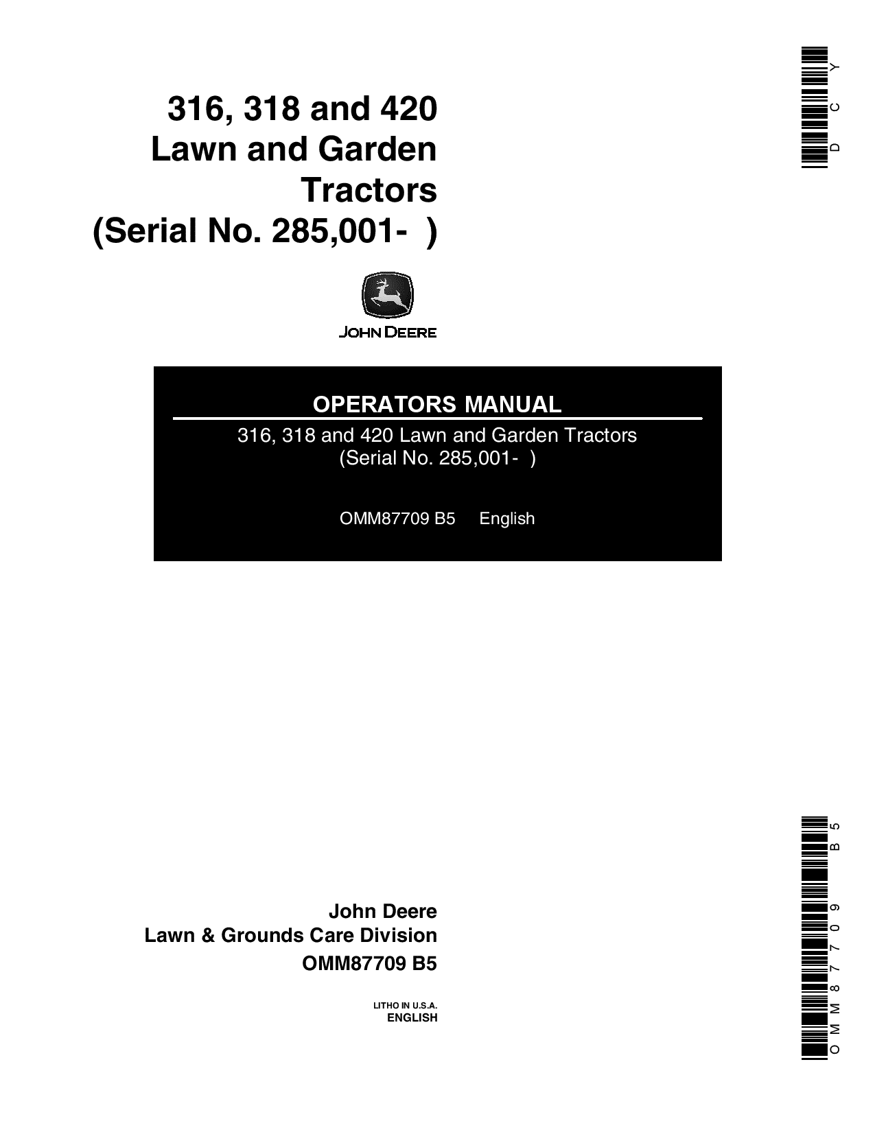 John Deere 316 318 420 Lawn Garden Tractor 285001 OMM87709 Operation and Maintenance manual PDF Download