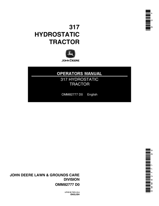 John Deere 317 Hydrostatic Tractor 095001 OMM82777 Operation and Maintenance manual PDF Download