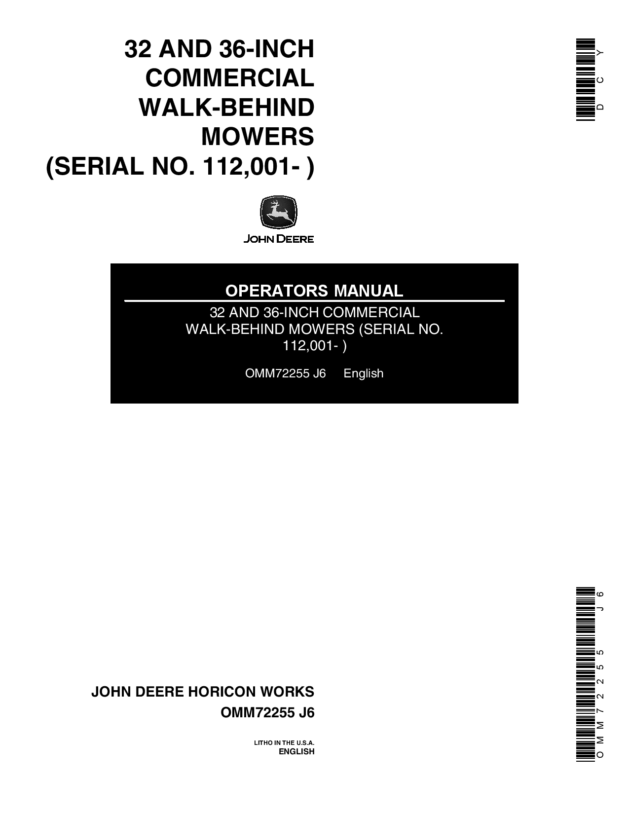 John Deere 32 36 Inch Commercial Walk Behind Mowers 112001 OMM72255 Operation and Maintenance manual PDF Download