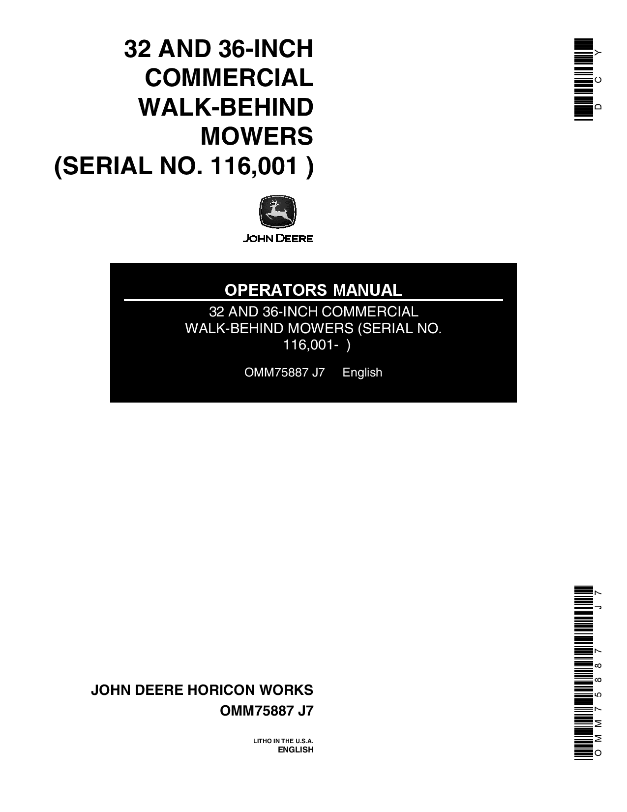 John Deere 32 36 Inch Commercial Walk Behind Mowers 116001 OMM75887 Operation and Maintenance manual PDF Download