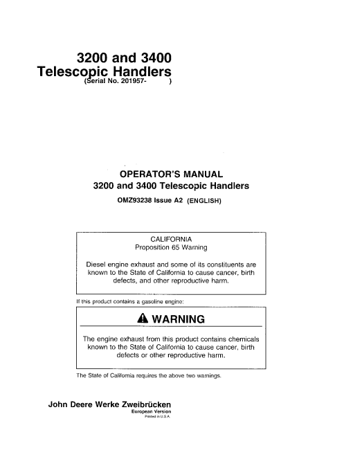John Deere 3200 3400 Telescopic Handlers OMZ93238 Operation and Maintenance manual PDF Download