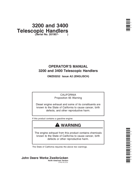 John Deere 3200 3400 Telescopic Handlers OMZ93252 Operation and Maintenance manual PDF Download