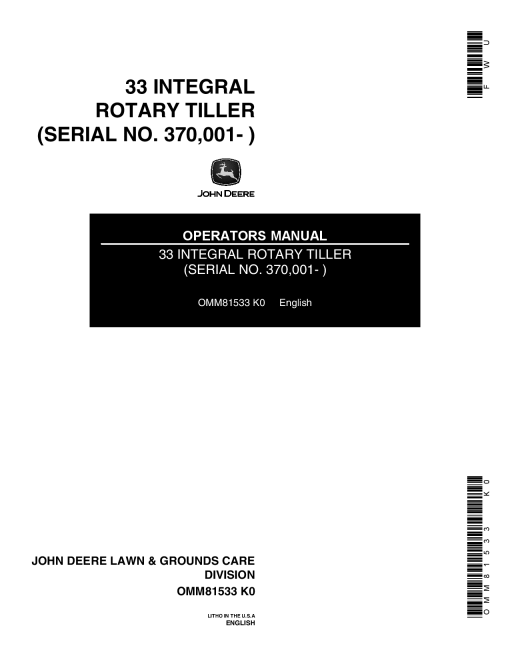 John Deere 33 Integral Rotary Tiller 370001 OMM81533 Operation and Maintenance manual PDF Download