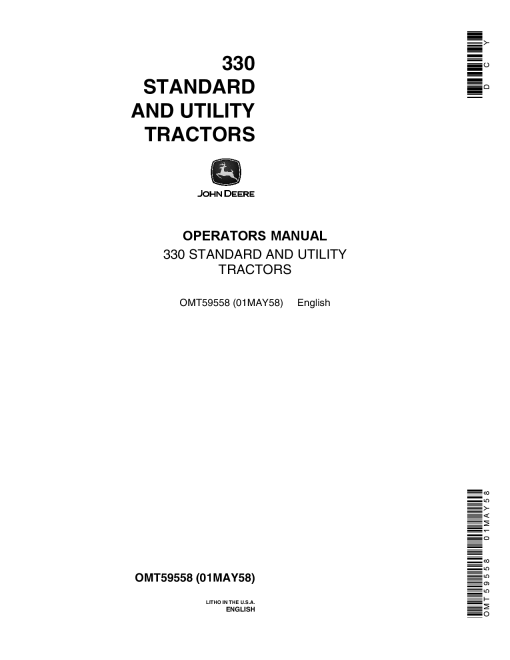 John Deere 330 Standard Utility Tractors OMT59558 Operation and Maintenance manual PDF Download