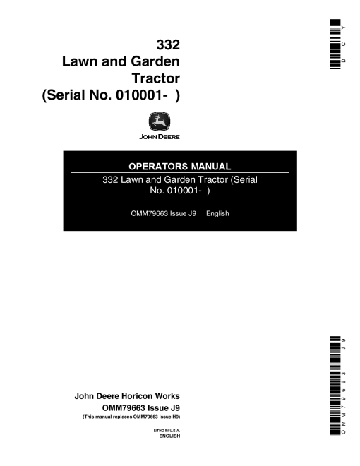 John Deere 332 Lawn Garden Tractor 010001 OMM79663 Operation and Maintenance manual PDF Download