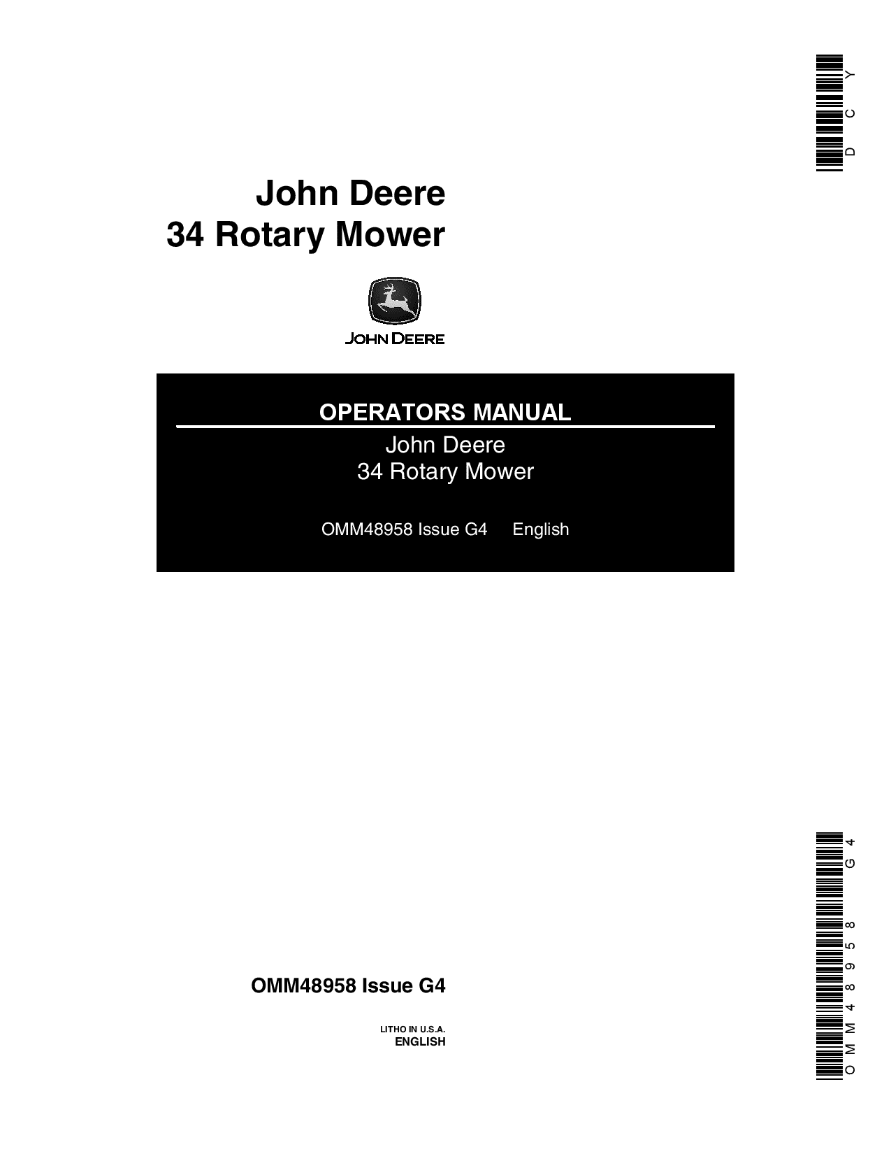 John Deere 34 Inch Tractor Mounted Rotary Mower 300001 OMM48958 Operation and Maintenance manual PDF Download