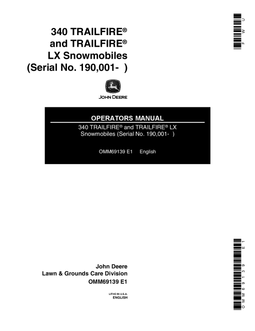 John Deere 340 Trailfire Trailfire LX Snowmobiles 190000 222000 OMM69139 Operation and Maintenance manual PDF Download