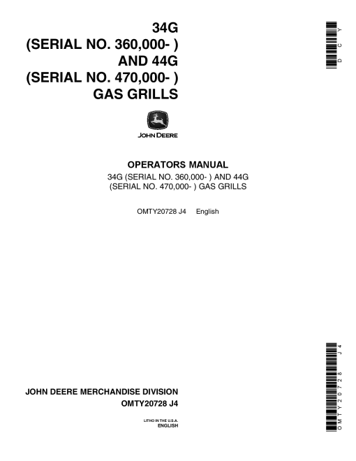 John Deere 34G 44G Gas Grills OMTY20728 Operation and Maintenance manual PDF Download