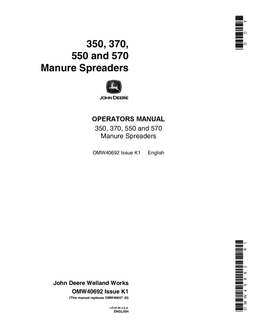 John Deere 350 370 550 570 Manure Spreaders OMW40692 Operation and Maintenance manual PDF Download