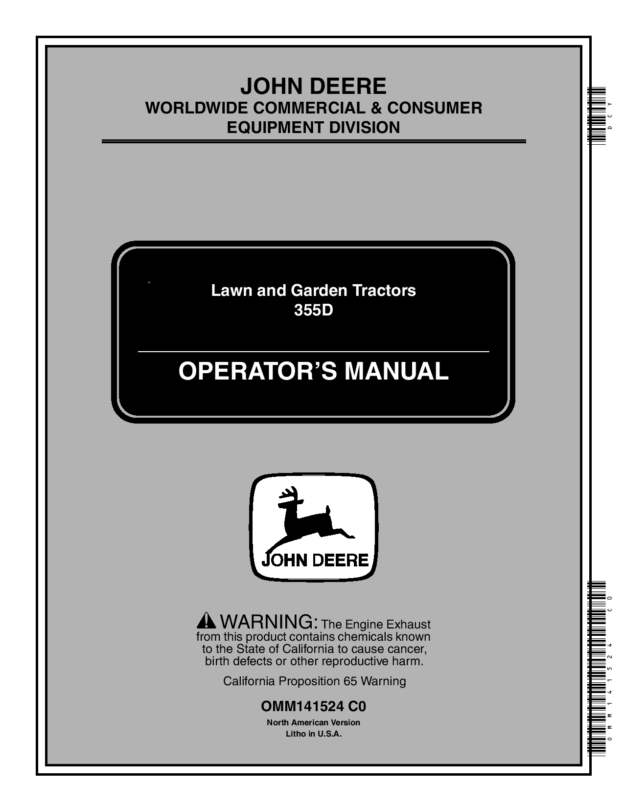 John Deere 355D Lawn Garden Tractors 085001 OMM141524 Operation and Maintenance manual PDF Download