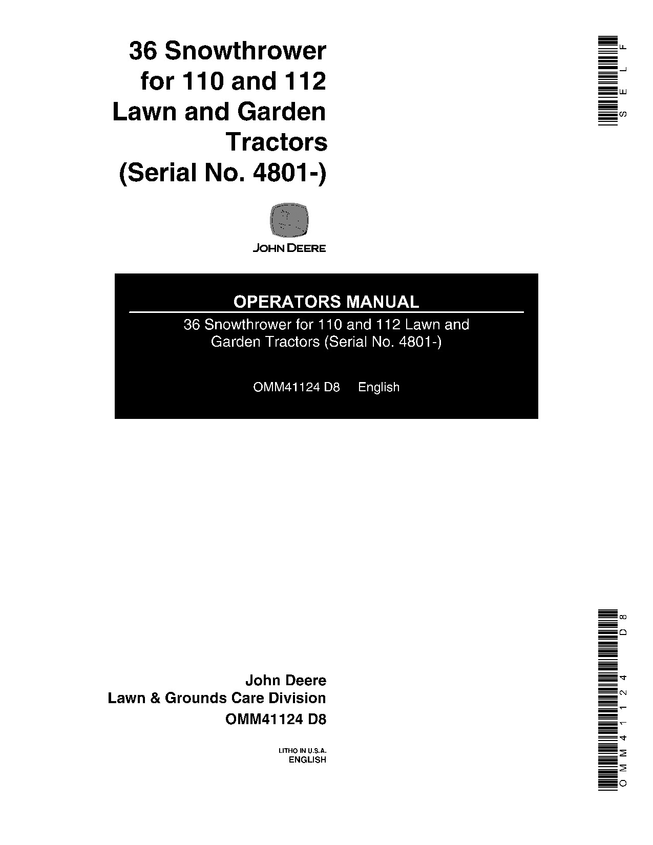 John Deere 36 Inch Snow Thrower 004801 OMM41124 Operation and Maintenance manual PDF Download