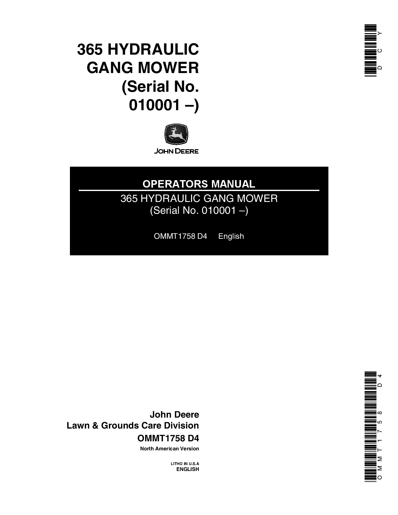 John Deere 365 Hydraulic Gang Mower 010001 OMMT1758 Operation and Maintenance manual PDF Download