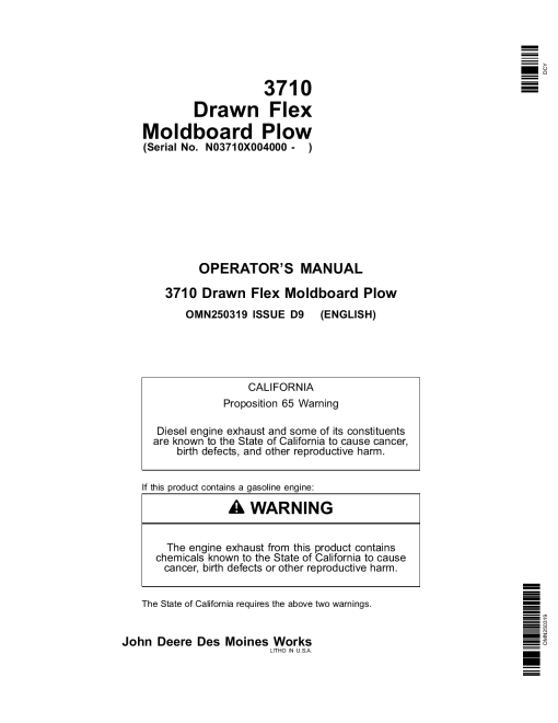 John Deere 3710 Drawn Flex Moldboard Plow 004000 004399 OMN250319 Operation and Maintenance manual PDF Download